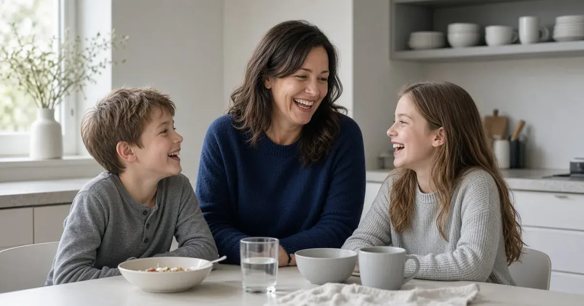 A divorced mom in a navy sweater laughing with her two kids at a bright kitchen table.