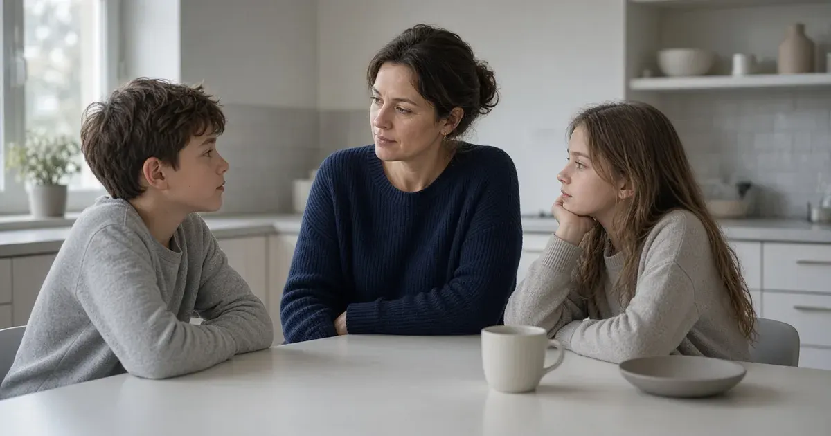 A mother talks calmly with her two children at the kitchen table