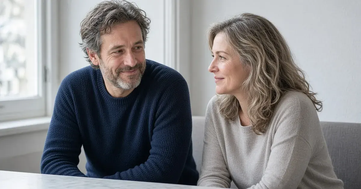 A man and a woman in their late forties sharing a warm, unhurried conversation at home.